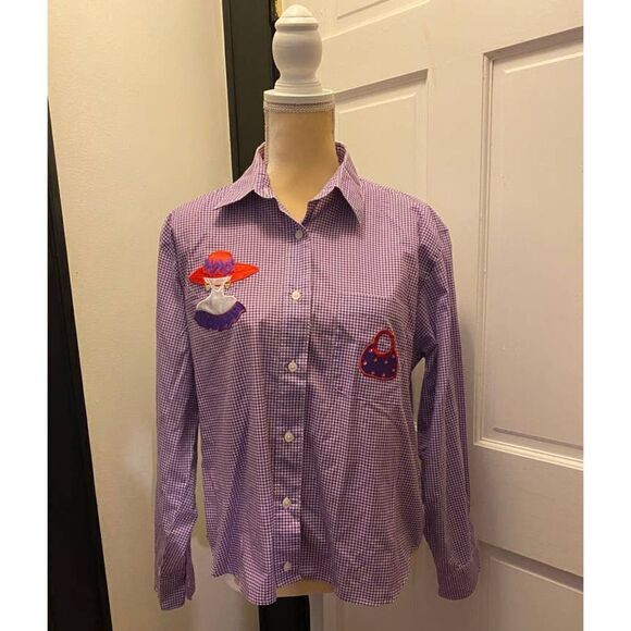 Las Olas Tops - Las Olas Glam Button Down Shirt Purple Checkered Red Hat - Size Medium